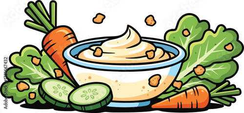 Creamy Dip Surrounded By Fresh Vegetables And Croutons In A Cartoon Style With A White Background