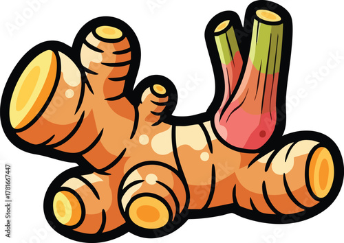 Cartoon Style Ginger Root with Green Sprouts Isolated on White Background