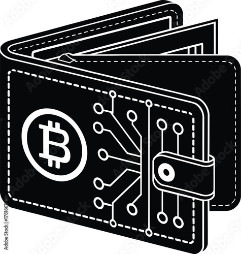 A black and white graphic of a wallet with the bitcoin symbol and a circuit board design on the front