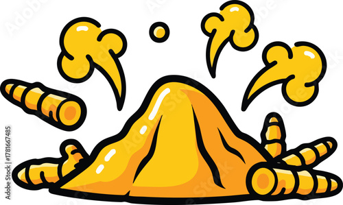 Golden Turmeric Powder Pile with Smoke and Roots Isolated on White Background