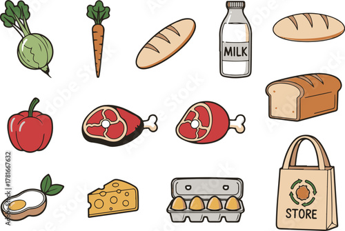 Groceries food icon set with fresh farm produce and bakery items