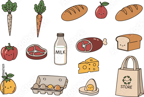 Groceries food icon set with fresh farm produce and bakery items