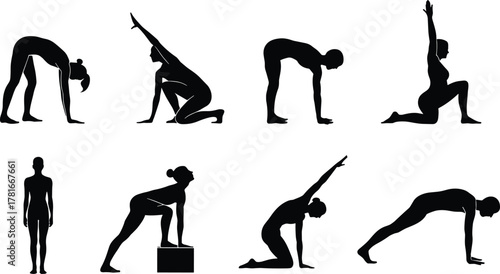 Yoga pose silhouette set, stretching exercise collection, black vector shapes, wellness movement icons, plank lunge bend, fitness posture illustration pack