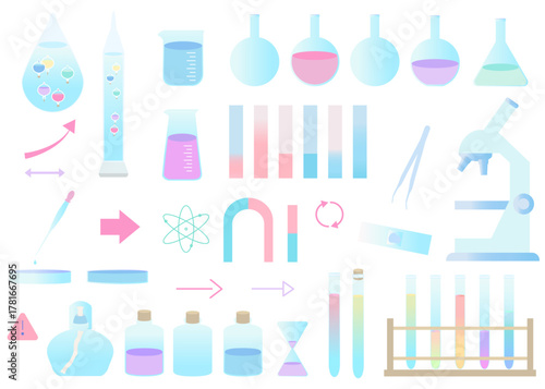 科学モチーフのイラストセット　試験管　リトマス紙　磁石　ガリレオ温度計　アルコールランプ