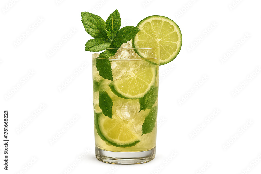 Fototapeta premium Refreshing mojito cocktail with lime slices and mint on transparent background