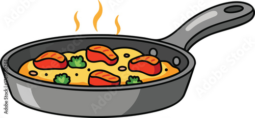 Pixel art illustration of a hot meal with fish and greens in a pan steaming gently