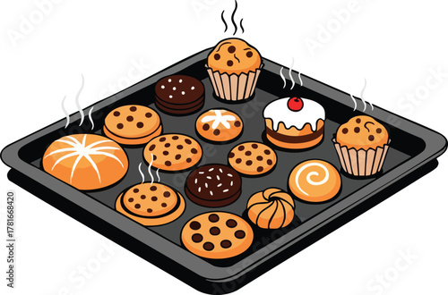 Assortment of freshly baked cookies and cupcakes on a black baking sheet with steam rising