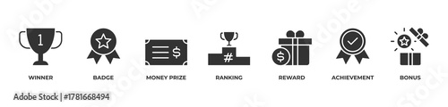 Celebrating Every Winner Icons set vector illustration glyph with Winner, Badge, Money prize, Ranking, Reward, Achievement, Bonus