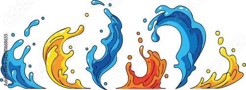 Dynamic Pixel Art Waves Of Blue Water And Orange Fire Representing Opposing Elements
