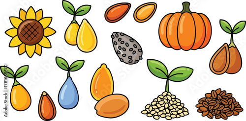 Collection Of Seeds And Sprouts Including Sunflower Pumpkin Water Droplet And Various Seeds Pixel Art Style