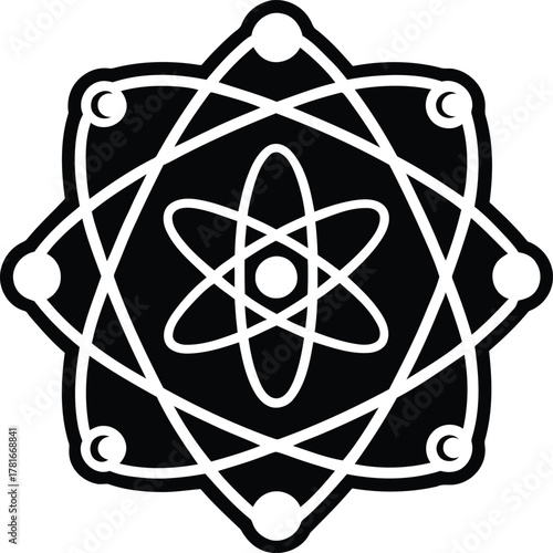 A black and white atom symbol with electrons orbiting a nucleus in a geometric shaped design element