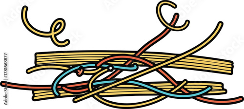 Abstract tangle of yellow red and blue threads on a light wood background