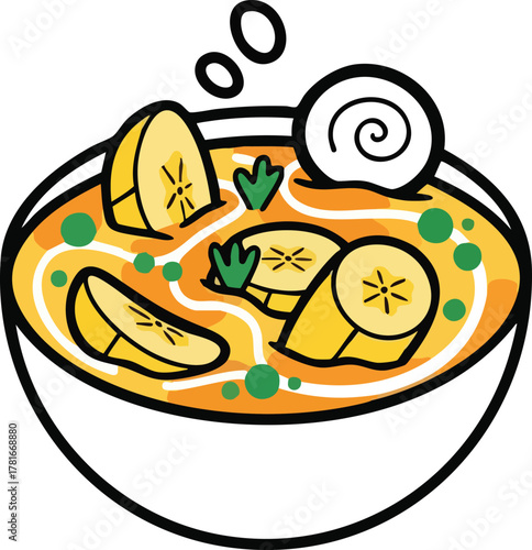 Hand drawn illustration of a bowl of banana soup with herbs and green peas