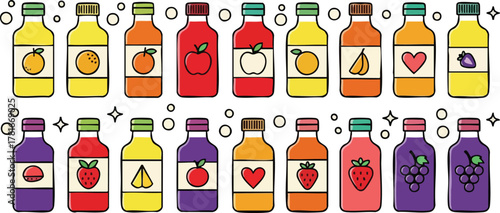 Collection of Pixelated Drink Bottles Featuring Fruits and Hearts in a Cheerful Assortment