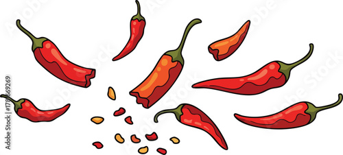 Red Chili Peppers Scattered on White Background Isolated