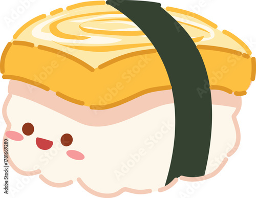 A cute cartoon tamago sushi with a happy face, featuring a yellow omelet on white rice wrapped in a dark green nori strip.