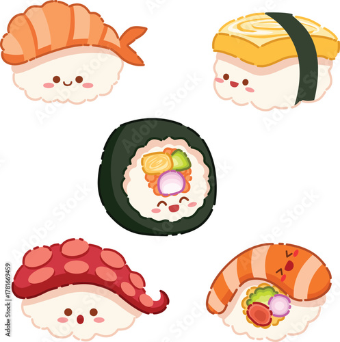 Cute cartoon sushi characters with smiling faces, including nigiri and maki rolls, on a white background.