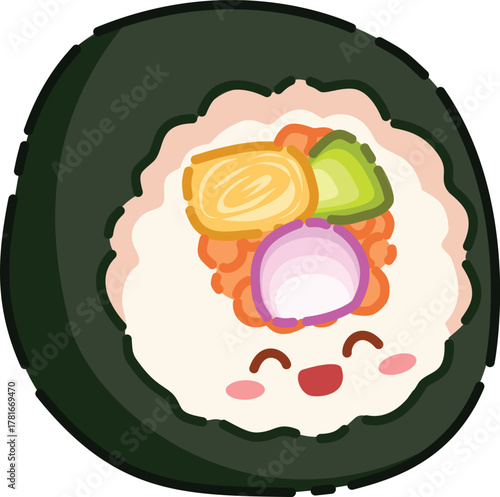 A cute cartoon sushi roll gimbab with a happy face and colorful fillings.