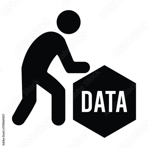 Data Handling Icon Vector | Person Moving Hexagonal Block with DATA Text Symbolizing Big Data Management and Processing