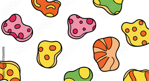 Abstract Organic Shapes With Vibrant Colors And Playful Patterns Against A White Background