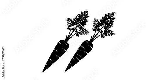 carrot with leaves , two black silhouette of a carrot with green leaves 