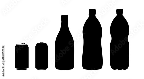Black silhouettes of cans and bottles on white background vector , set of bottles vector