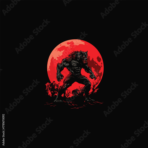 A terrifying silhouette illustration of a fierce werewolf standing against a massive, detailed blood red moon on a stark black background