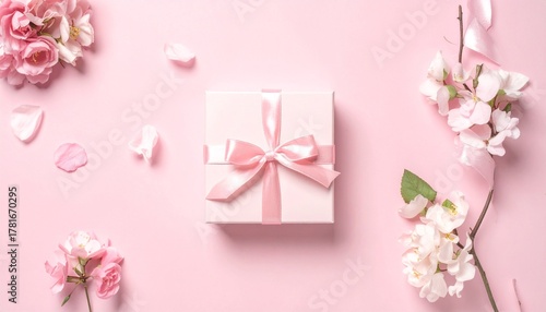 Flat lay composition of a beautiful pink gift box with a ribbon, framed by delicate white and pink spring blossoms on a pastel background