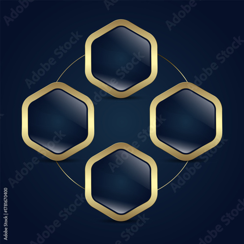 Glossy black Hexagon buttons Chart that framed in metallic gold, symbolizing exclusivity and high-end style, premium product design concepts. Vector illustration