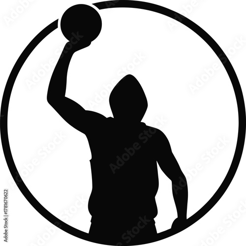 Dynamic basketball player in a hooded circle logo silhouette performing a layup