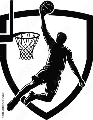 Dynamic basketball player slam dunk shield logo silhouette