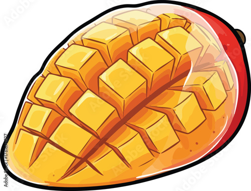 Ripe Mango Halved Revealing Cubed Flesh in a Glossy Protective Sheath on White Background