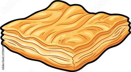 Golden Brown Flaky Pastry Square with Layered Texture Isolated on White Background Detailed Illustration
