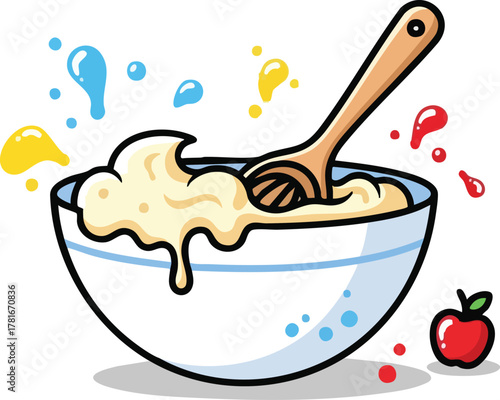 Creamy batter being mixed in a white bowl with a wooden spoon and colorful splashes red apple nearby