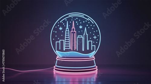 Neon Cityscape Snow Globe with Pink and Blue Glow skyline