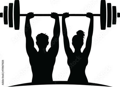 Couple engaged in weightlifting with barbells fitness silhouette