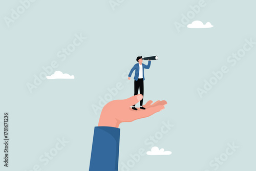 Searching for business targets or goals, looking for opportunities, entrepreneurs looking through a telescope standing on their hands, finding goals to achieve targets.
