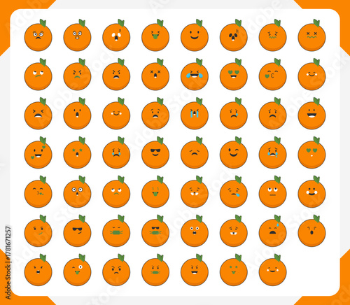 Vector illustration of a collection of cartoon oranges with different facial expressions