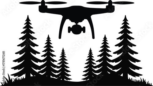 Drone flying over a dense forest landscape at sunset silhouette style