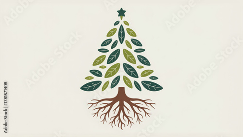 Stylized Christmas Tree with Roots and Star green leaves