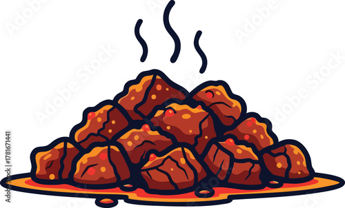 Pixel Art Meatballs In Red Sauce Steaming Hot With Yellow Outline Base