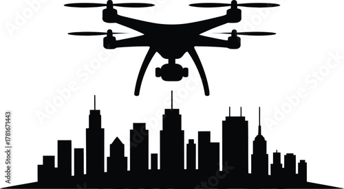 Modern city skyline with a drone flying overhead silhouette