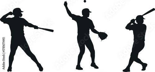 Baseball players silhouette vector illustration, batter pitcher fielder action poses, sports training design for athletic concept, competition, fitness and teamwork artwork