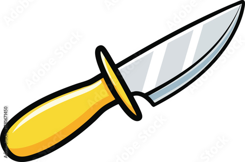 Sharp Silver Blade Kitchen Knife With Yellow Handle Isolated On White Background With Reflections