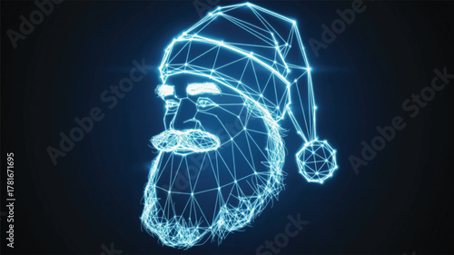 Wireframe Santa Claus Head Profile with Blue Glow Christmas