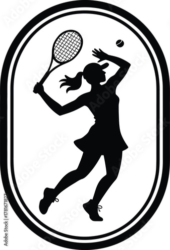 Female tennis player in action serving the ball within an oval frame silhouette