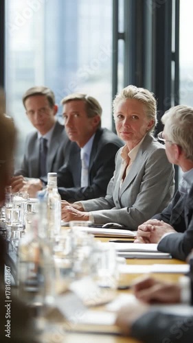Negotiation in progress: A group of seasoned professionals, dressed in formal attire, are intently gathered around a large table, engaged in a crucial business meeting.