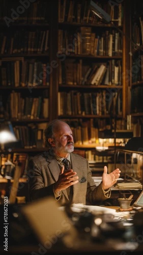 The Scholar's Contemplation: An intellectual figure, surrounded by the wisdom of countless volumes in a dimly lit library, reflects on the vastness of knowledge.