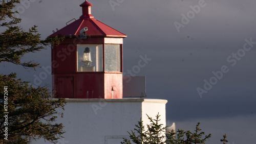 Iconic Red Lighthouse Lantern Room Illuminated Against a Dramatic Dark Sky with Coniferous Trees in the Foreground