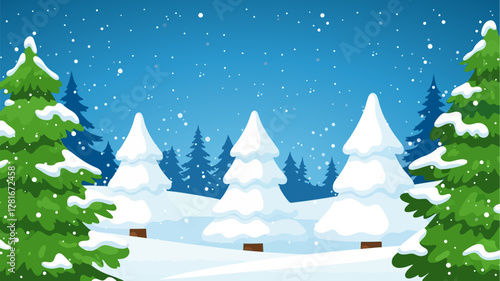 A serene winter landscape with snow-covered pine trees under a starry night sky.